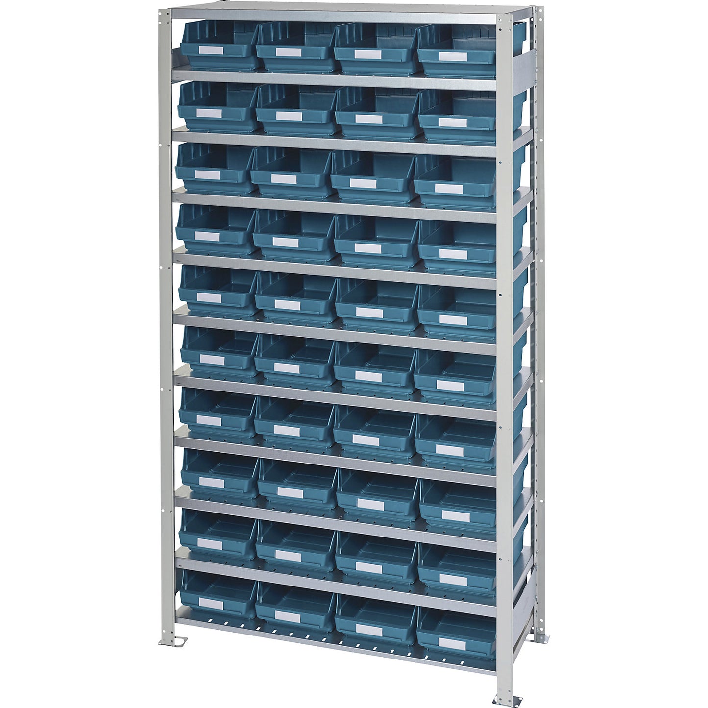 Boltless shelving unit with shelf bins, shelf height 2100 mm, basic shelf unit, depth 400 mm, 40 green bins.