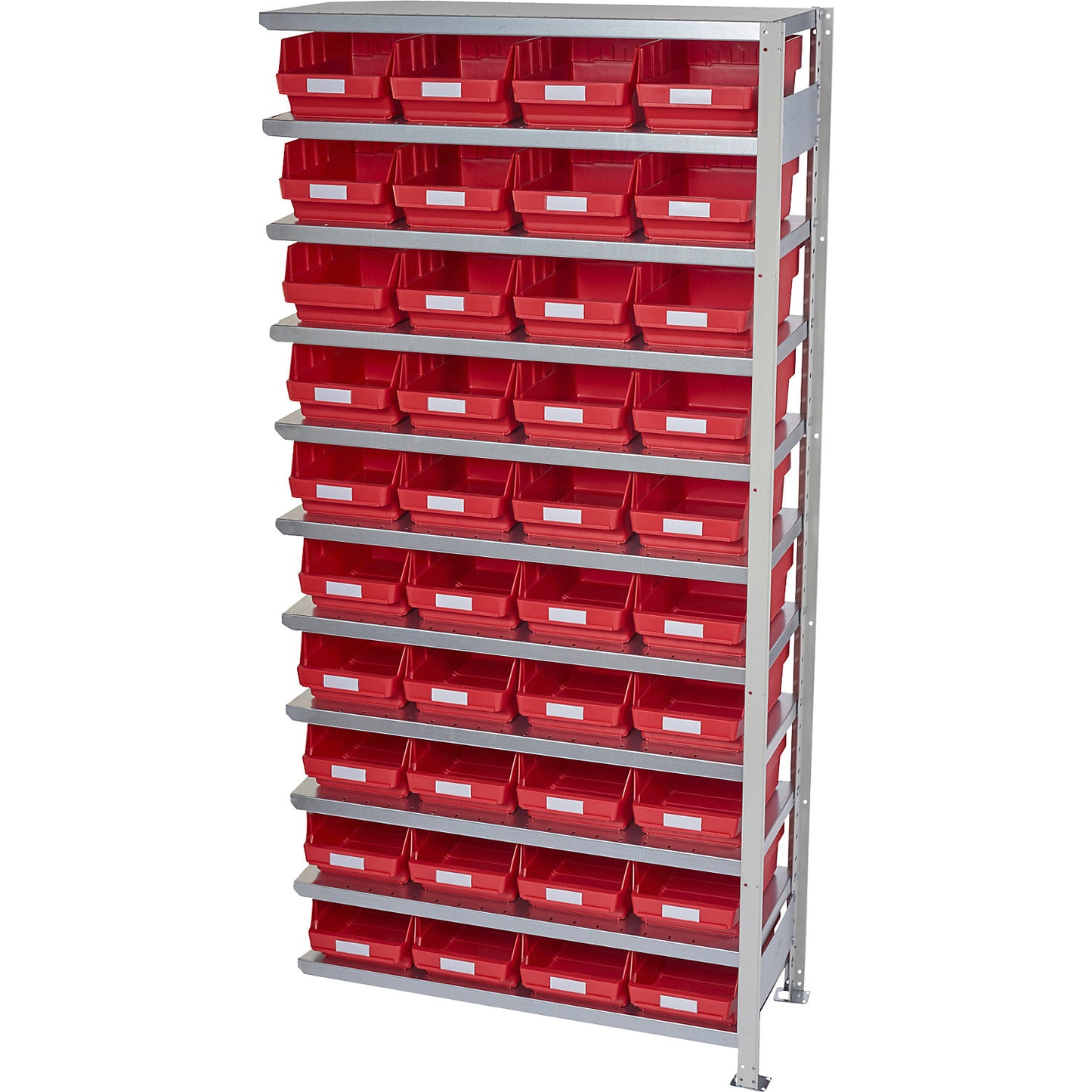 Boltless shelving unit with shelf bins, shelf height 2100 mm, extension shelf unit, depth 400 mm, 40 red bins.