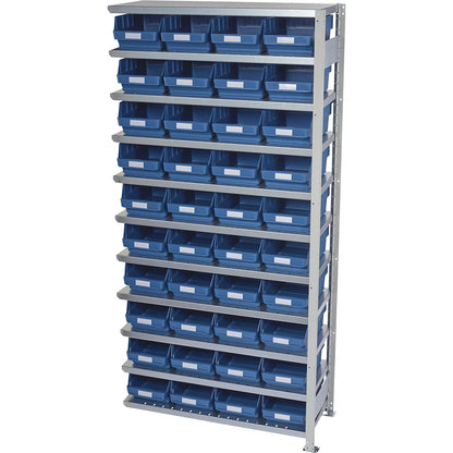 Boltless shelving unit with shelf bins, shelf height 2100 mm, extension shelf unit, depth 400 mm, 40 blue bins.