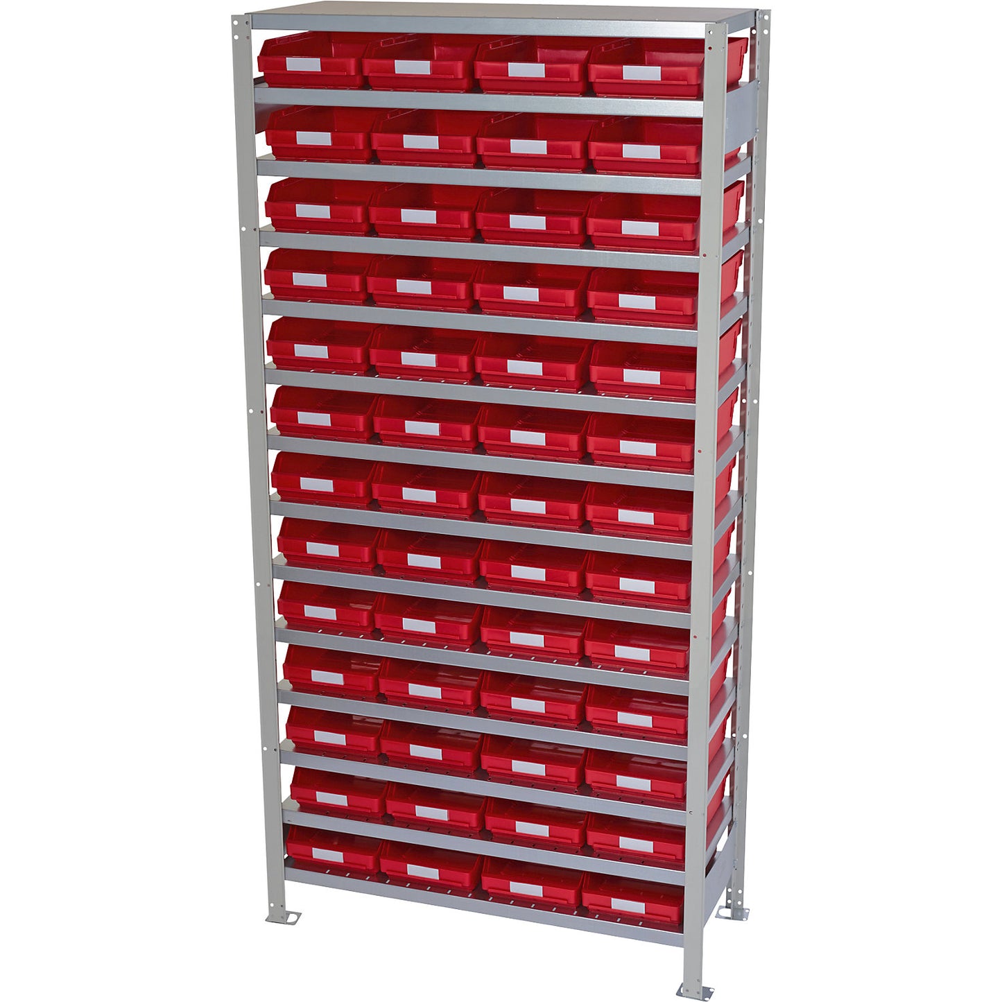 Boltless shelving unit with shelf bins, shelf height 2100 mm, basic shelf unit, depth 500 mm, 52 red bins.
