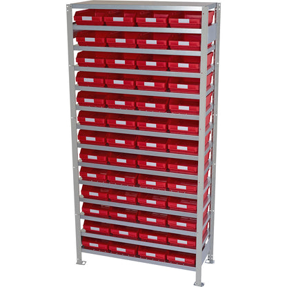 Boltless shelving unit with shelf bins, shelf height 2100 mm, basic shelf unit, depth 500 mm, 52 red bins.