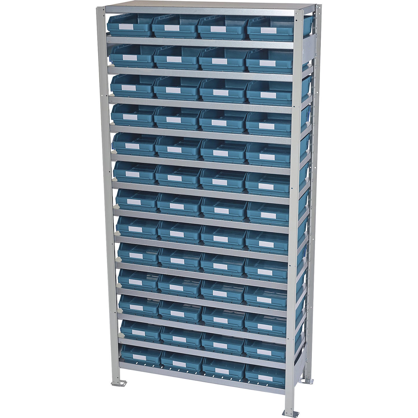 Boltless shelving unit with shelf bins, shelf height 2100 mm, basic shelf unit, depth 500 mm, 52 green bins.