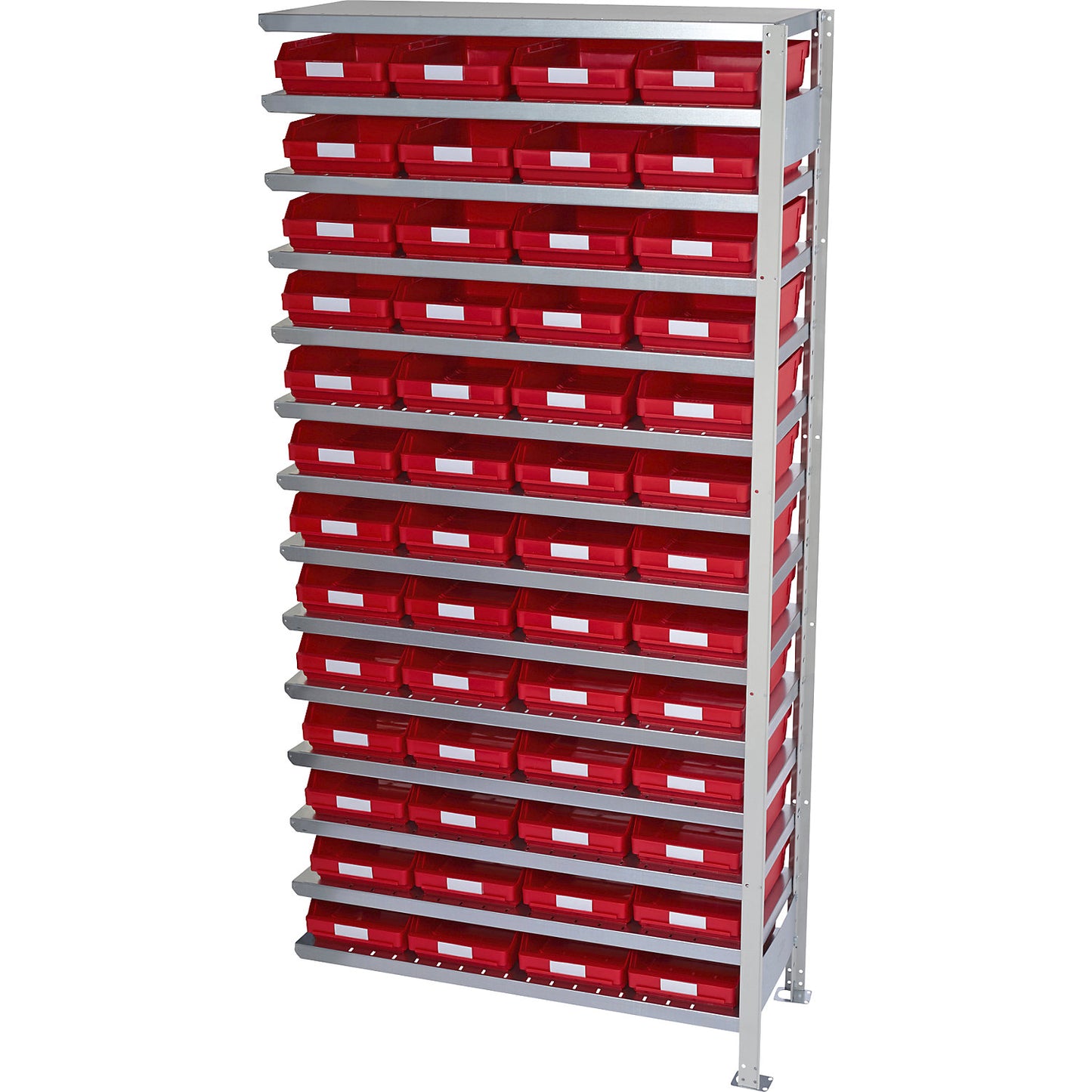 Boltless shelving unit with shelf bins, shelf height 2100 mm, extension shelf unit, depth 500 mm, 52 red bins.