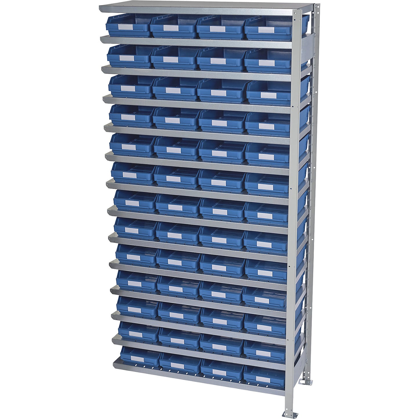 Boltless shelving unit with shelf bins, shelf height 2100 mm, extension shelf unit, depth 500 mm, 52 blue bins.