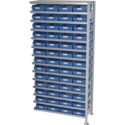 Boltless shelving unit with shelf bins, shelf height 2100 mm, extension shelf unit, depth 500 mm, 52 blue bins.