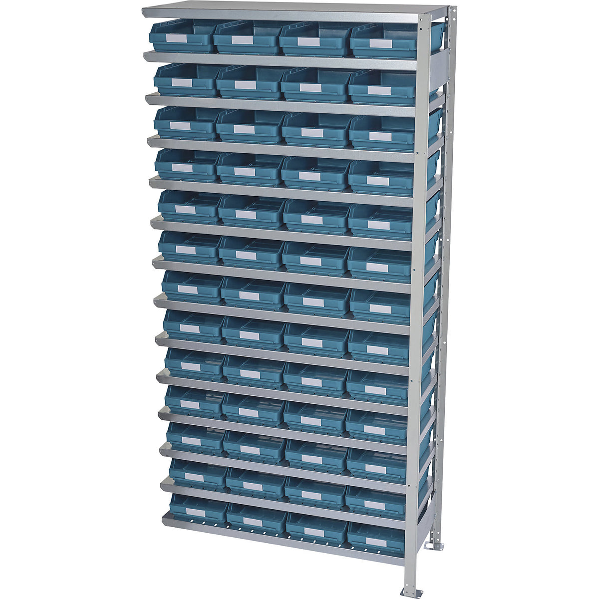 Boltless shelving unit with shelf bins, shelf height 2100 mm, extension shelf unit, depth 500 mm, 52 green bins.