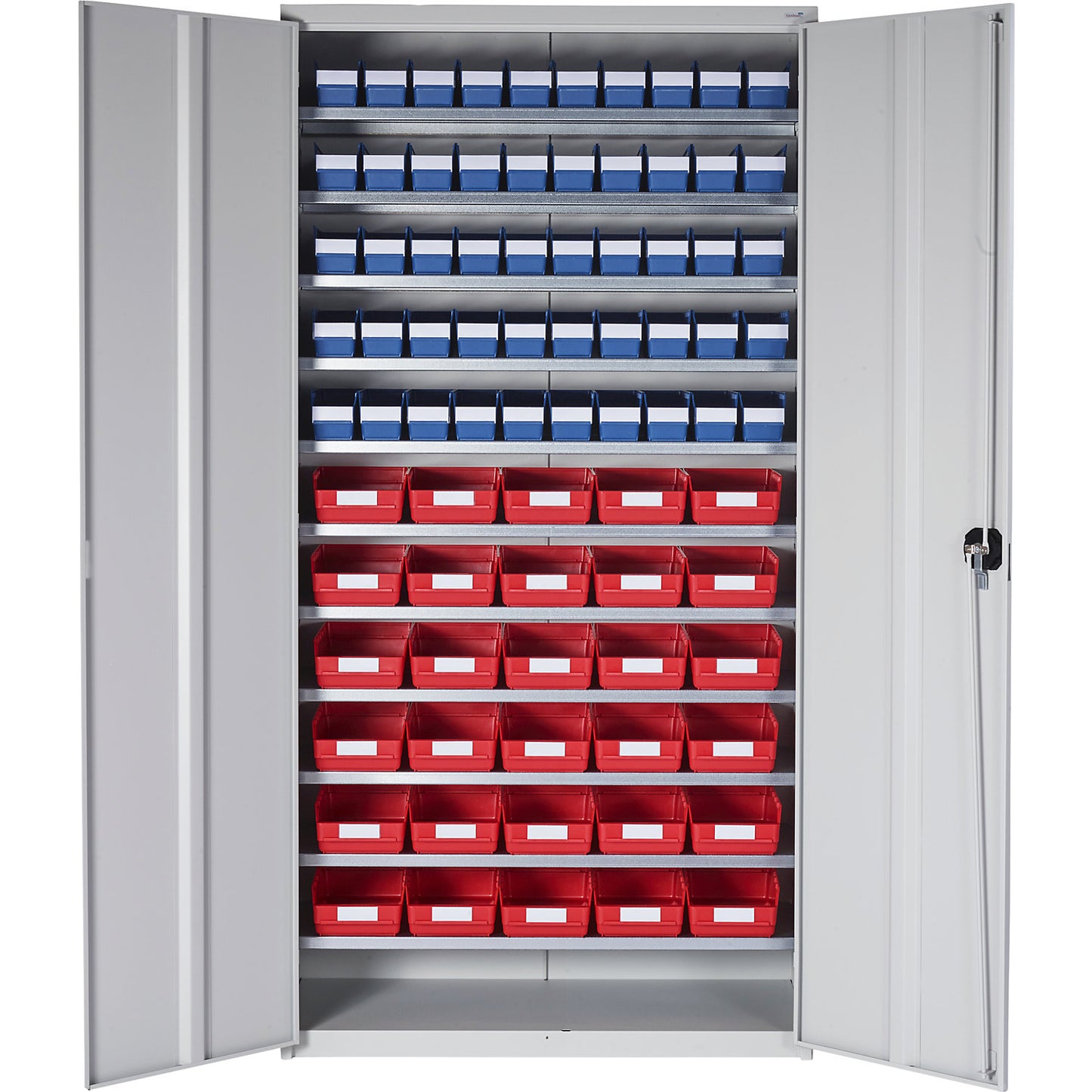 Storage cupboard, HxWxD 1970 x 1000 x 450 mm, with shelf bins, 50 bins blue, 30 bins red.
