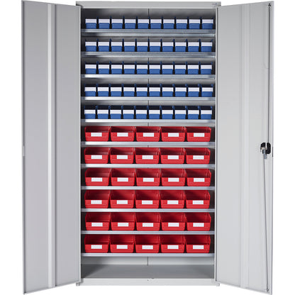 Storage cupboard, HxWxD 1970 x 1000 x 450 mm, with shelf bins, 50 bins blue, 30 bins red.
