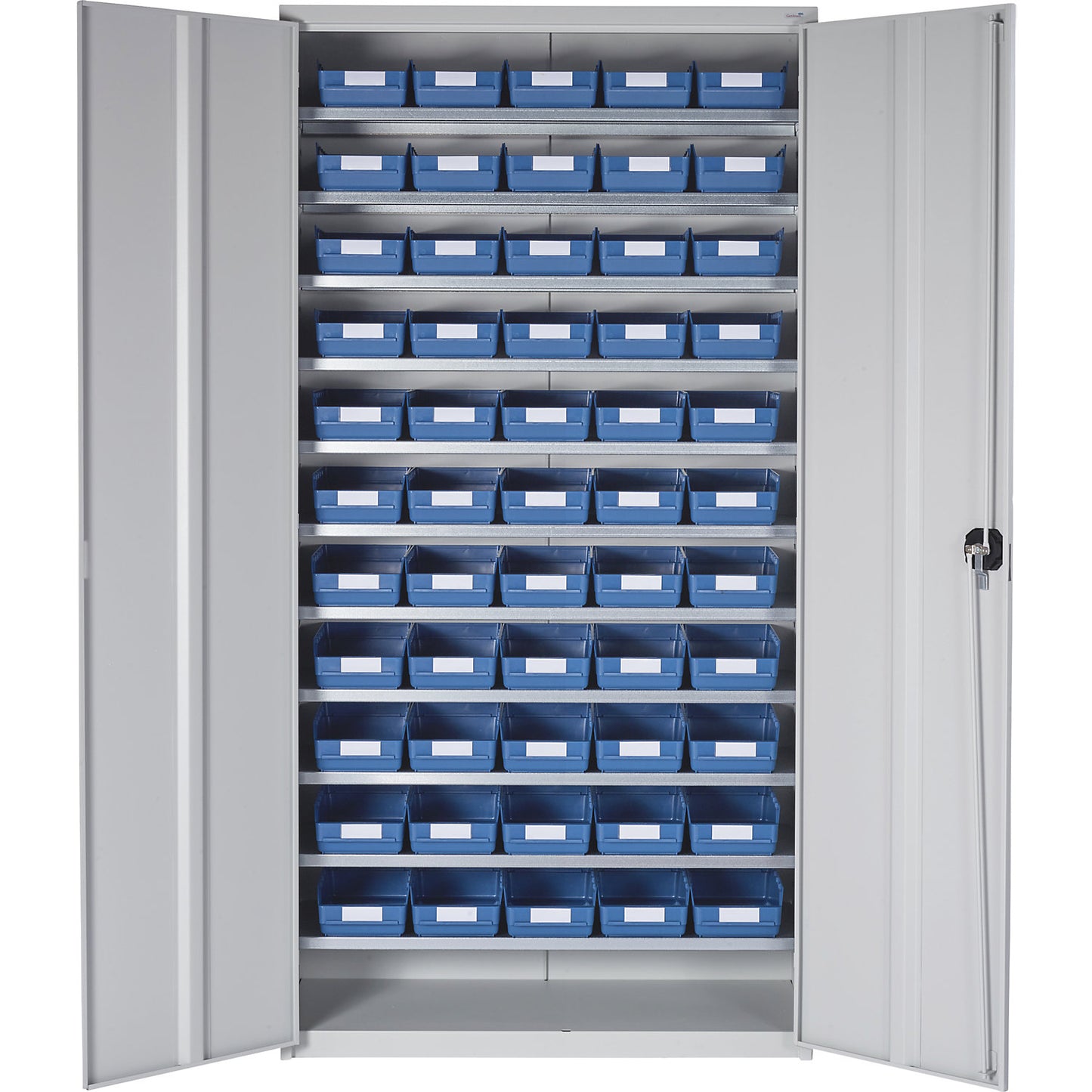 Storage cupboard, HxWxD 1970 x 1000 x 450 mm, with shelf bins, 55 bins, blue.