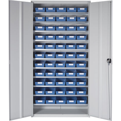 Storage cupboard, HxWxD 1970 x 1000 x 450 mm, with shelf bins, 55 bins, blue.
