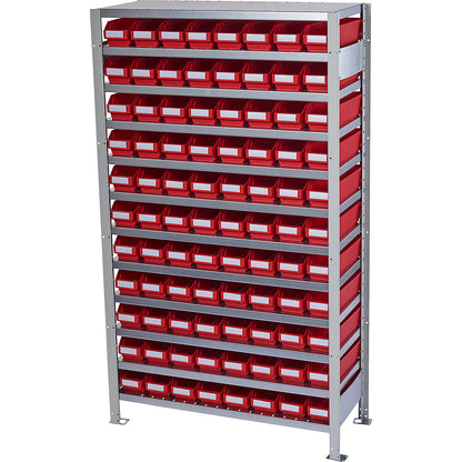 Boltless shelving unit with shelf bins, shelf unit height 1790 mm, basic shelf unit, depth 300 mm, 88 red bins.