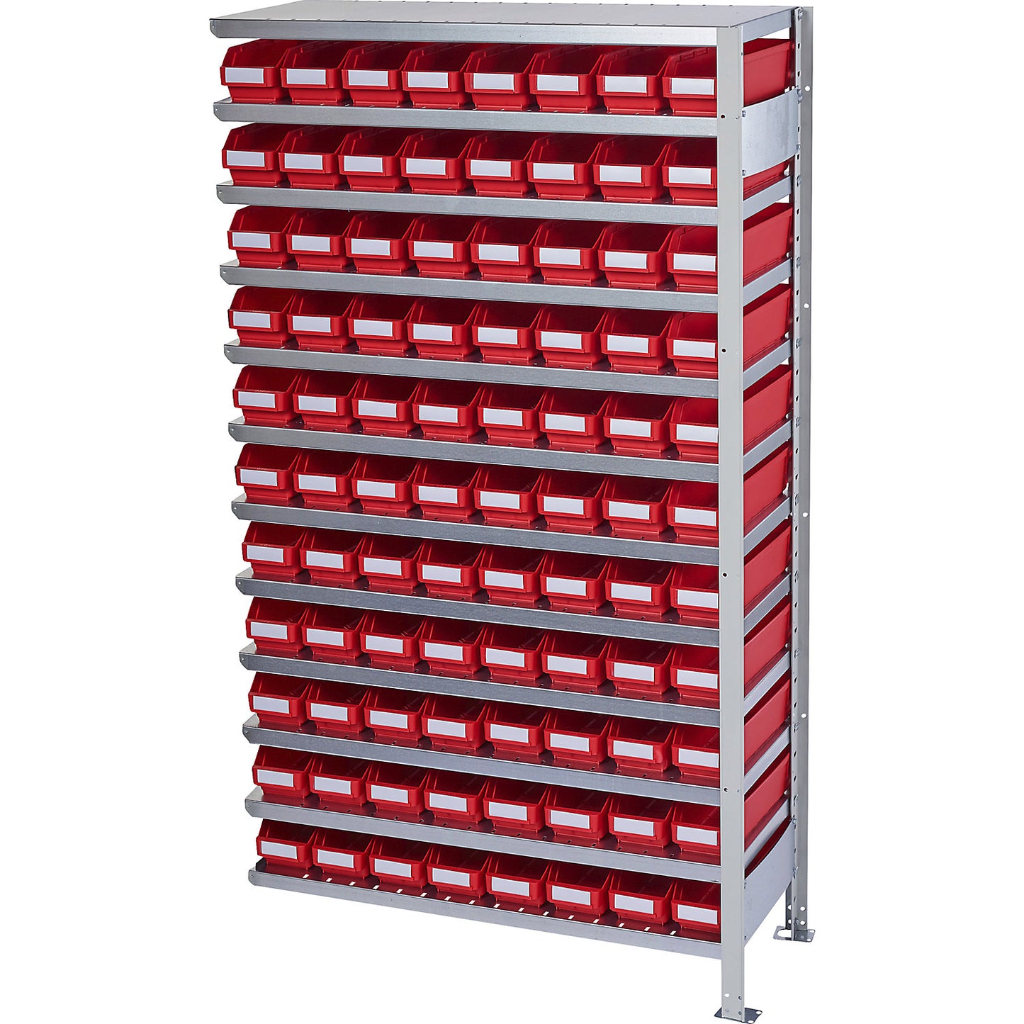 Boltless shelving unit with shelf bins, shelf unit height 1790 mm, extension shelf unit, depth 300 mm, 88 red bins.