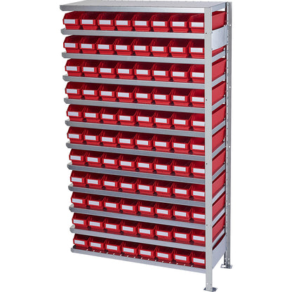Boltless shelving unit with shelf bins, shelf unit height 1790 mm, extension shelf unit, depth 300 mm, 88 red bins.