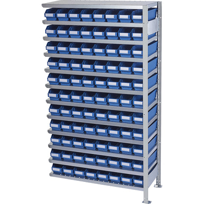 Boltless shelving unit with shelf bins, shelf unit height 1790 mm, extension shelf unit, depth 300 mm, 88 blue bins.