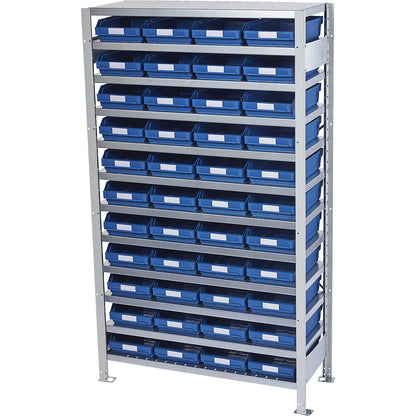 Boltless shelving unit with shelf bins, shelf unit height 1790 mm, basic shelf unit, depth 300 mm, 44 blue bins.
