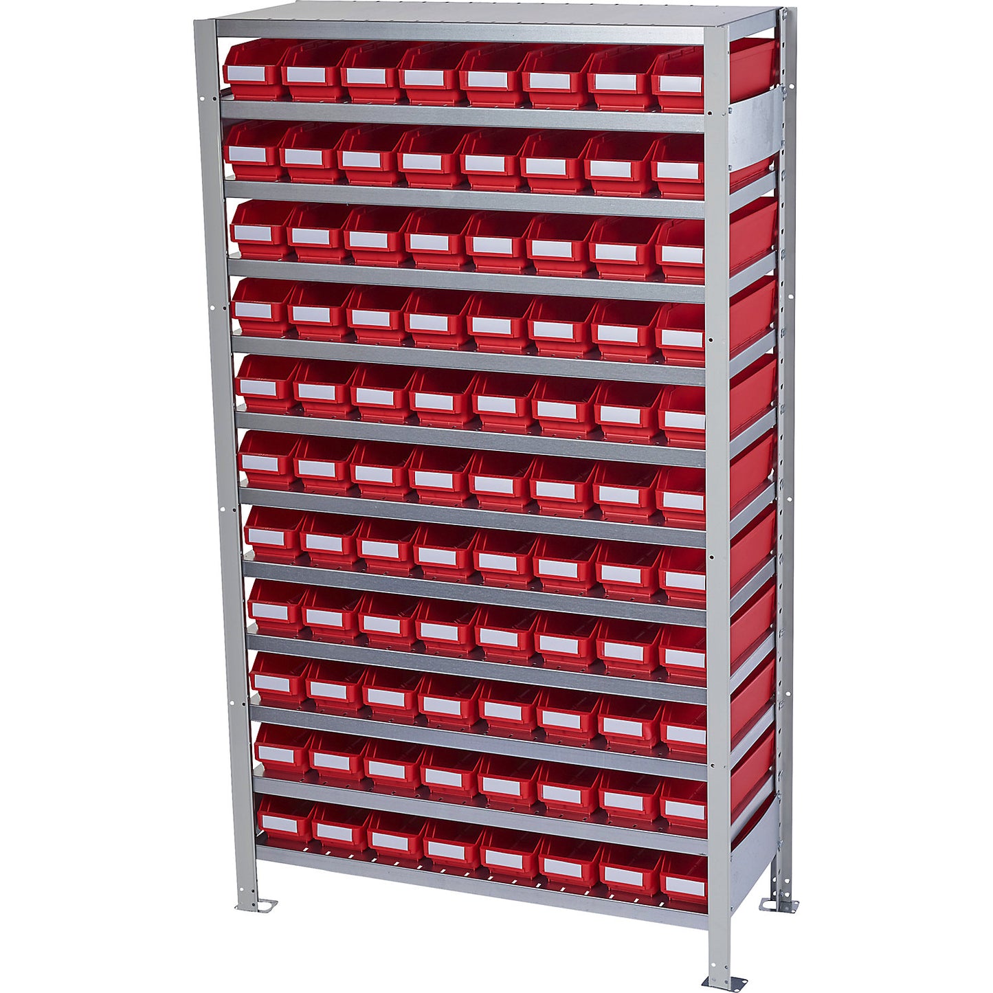 Boltless shelving unit with shelf bins, shelf unit height 1790 mm, basic shelf unit, depth 400 mm, 88 red bins.