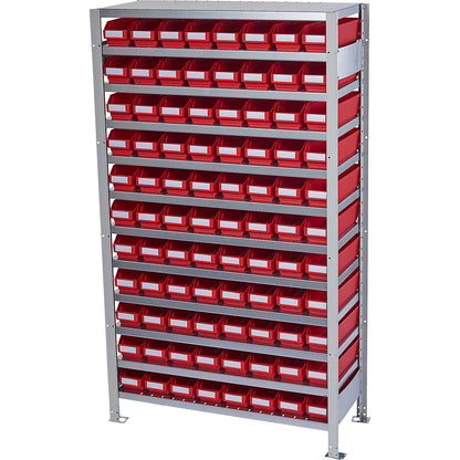 Boltless shelving unit with shelf bins, shelf unit height 1790 mm, basic shelf unit, depth 400 mm, 88 red bins.