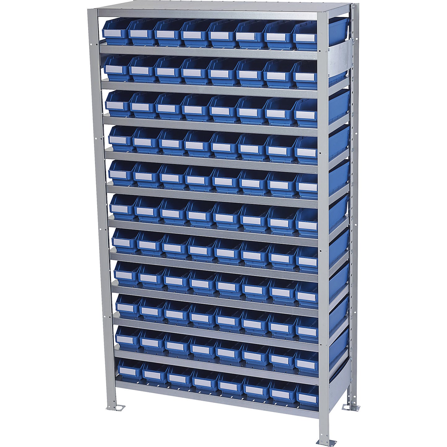 Boltless shelving unit with shelf bins, shelf unit height 1790 mm, basic shelf unit, depth 400 mm, 88 blue bins.