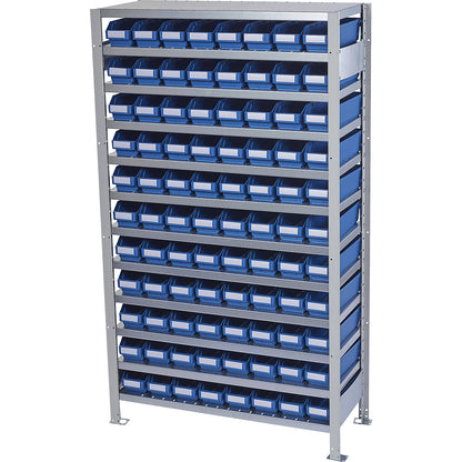 Boltless shelving unit with shelf bins, shelf unit height 1790 mm, basic shelf unit, depth 400 mm, 88 blue bins.
