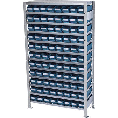 Boltless shelving unit with shelf bins, shelf unit height 1790 mm, basic shelf unit, depth 400 mm, 88 green bins.