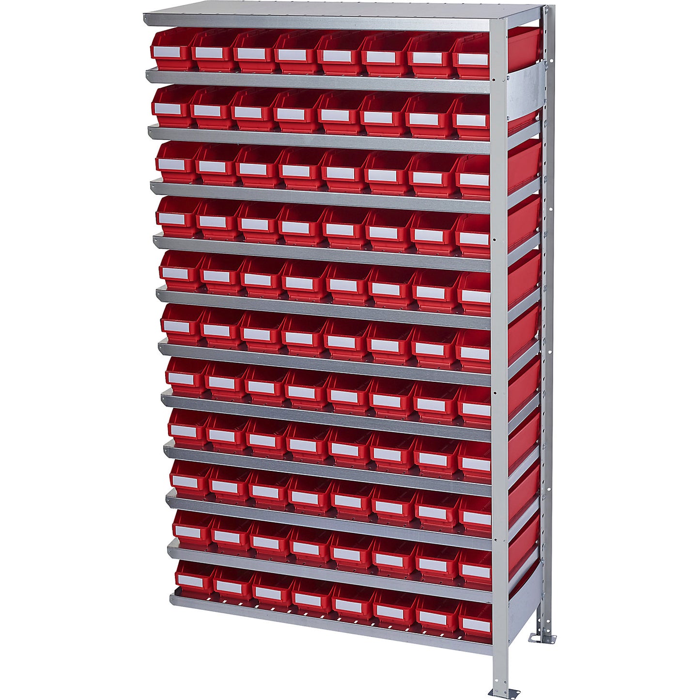 Boltless shelving unit with shelf bins, shelf unit height 1790 mm, extension shelf unit, depth 400 mm, 88 red bins.