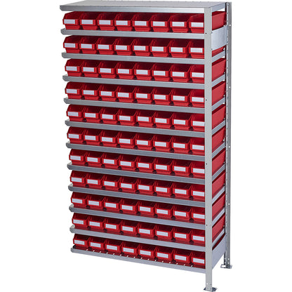 Boltless shelving unit with shelf bins, shelf unit height 1790 mm, extension shelf unit, depth 400 mm, 88 red bins.
