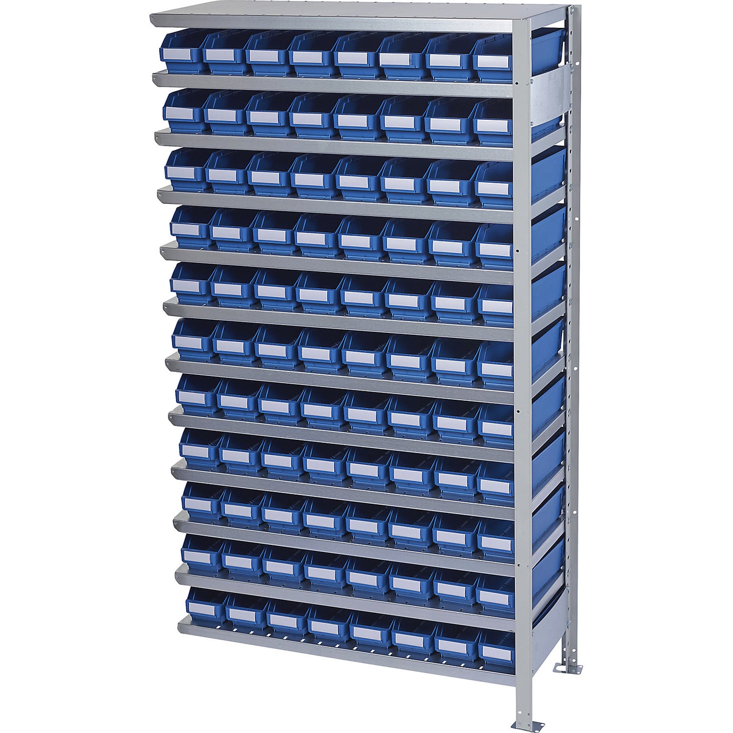 Boltless shelving unit with shelf bins, shelf unit height 1790 mm, extension shelf unit, depth 400 mm, 88 blue bins.