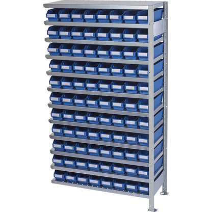 Boltless shelving unit with shelf bins, shelf unit height 1790 mm, extension shelf unit, depth 400 mm, 88 blue bins.