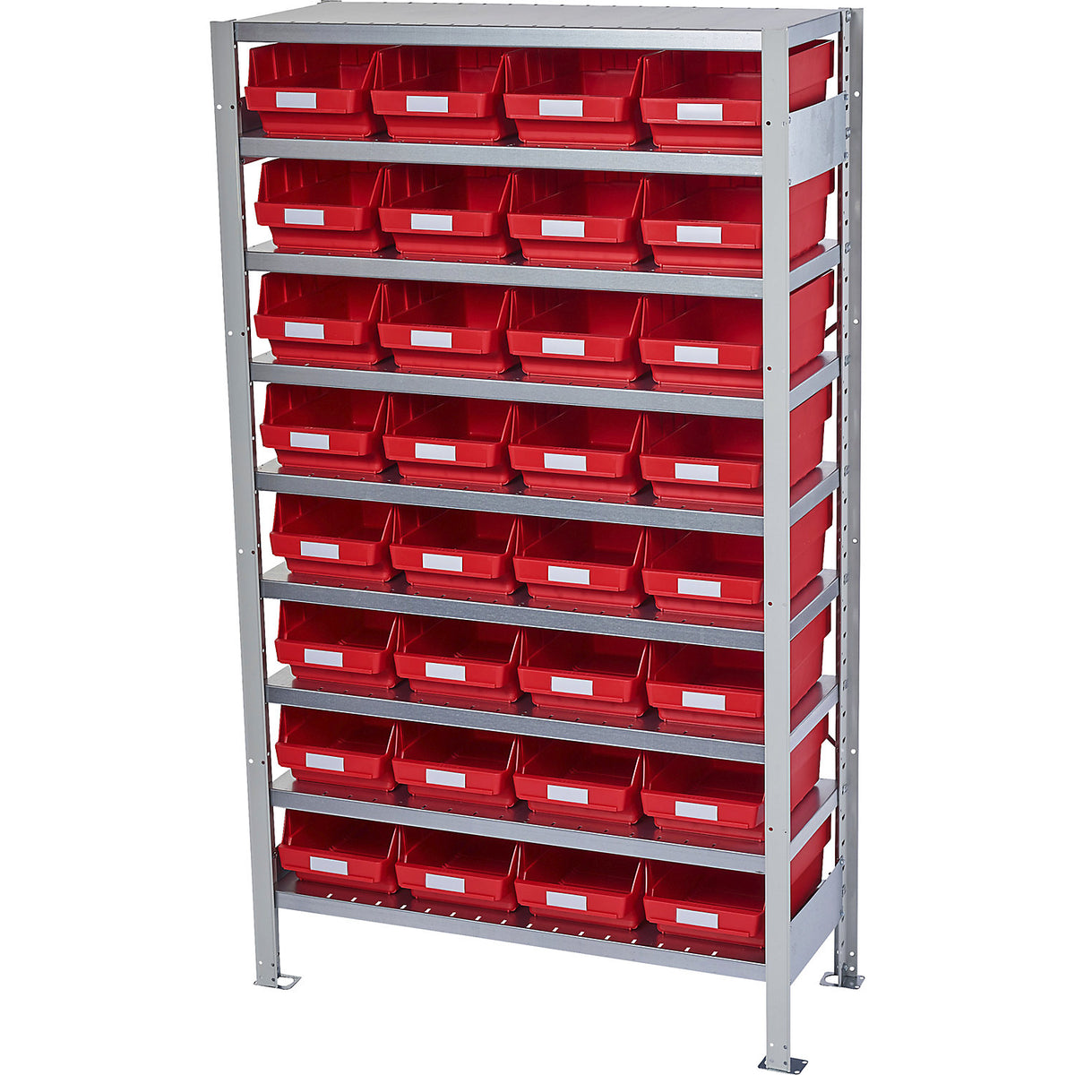 Boltless shelving unit with shelf bins, shelf unit height 1790 mm, basic shelf unit, depth 400 mm, 32 red bins.