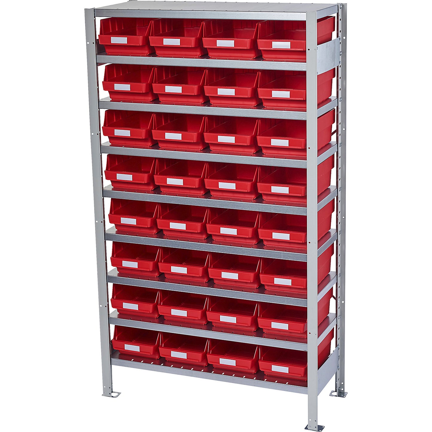 Boltless shelving unit with shelf bins, shelf unit height 1790 mm, basic shelf unit, depth 400 mm, 32 red bins.
