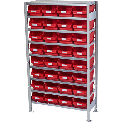 Boltless shelving unit with shelf bins, shelf unit height 1790 mm, basic shelf unit, depth 400 mm, 32 red bins.