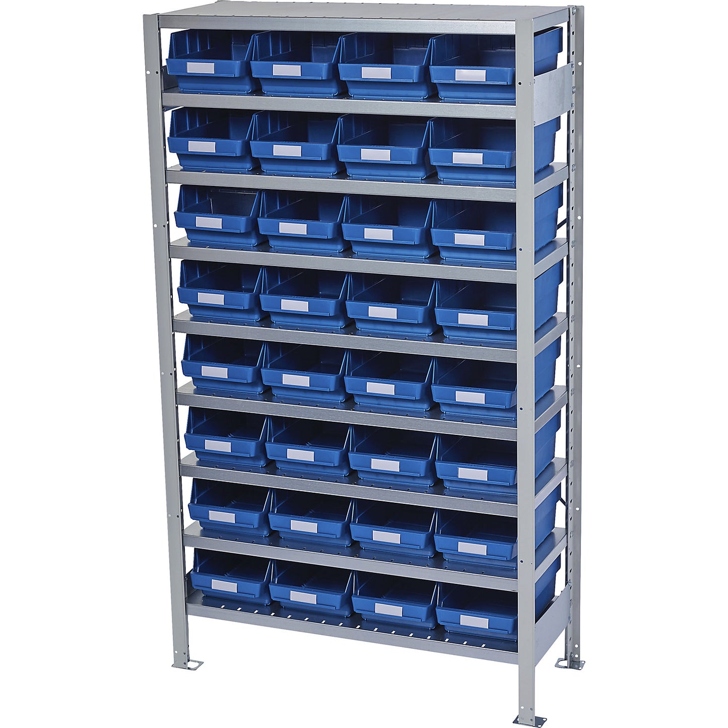 Boltless shelving unit with shelf bins, shelf unit height 1790 mm, basic shelf unit, depth 400 mm, 32 blue bins.