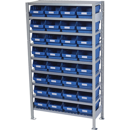 Boltless shelving unit with shelf bins, shelf unit height 1790 mm, basic shelf unit, depth 400 mm, 32 blue bins.