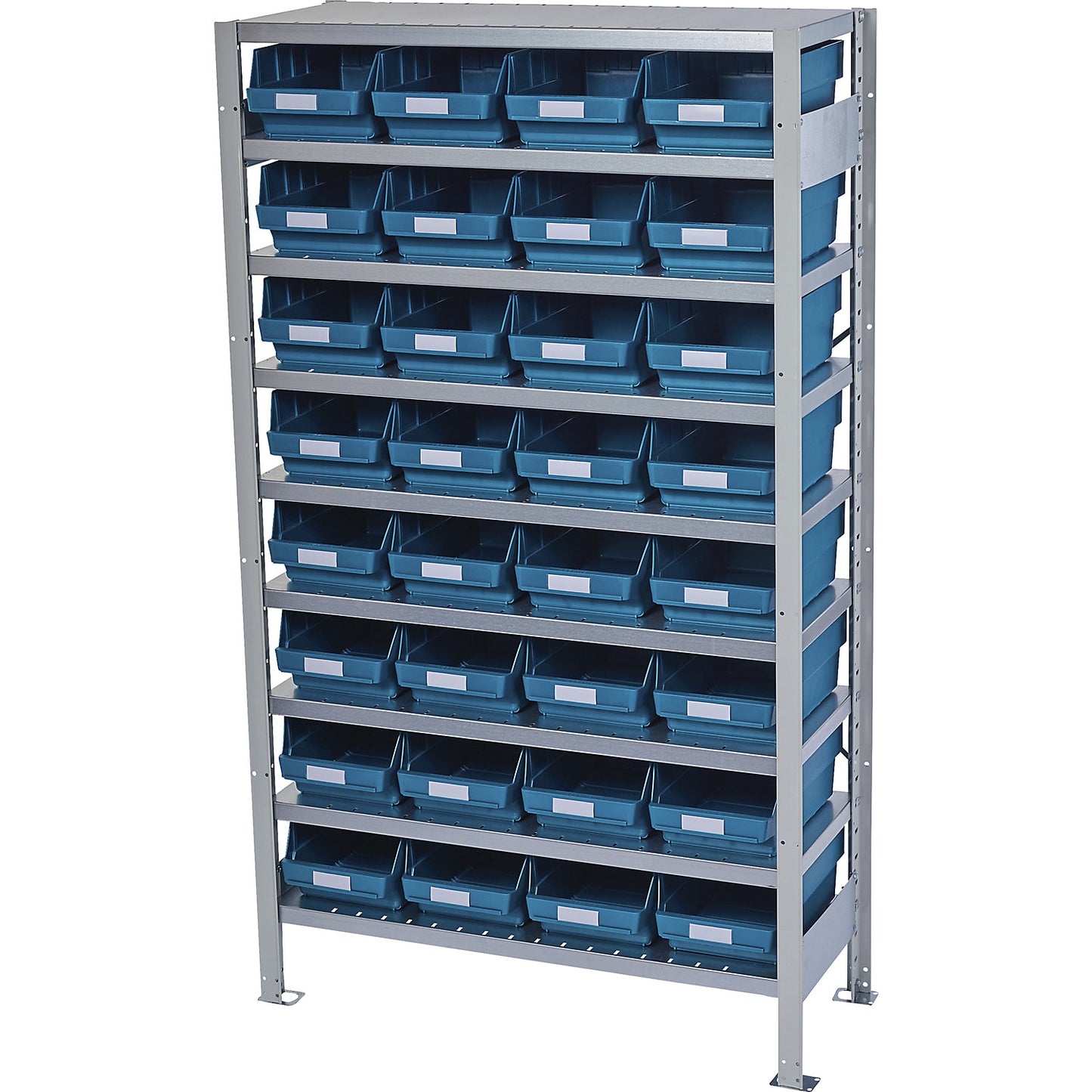 Boltless shelving unit with shelf bins, shelf unit height 1790 mm, basic shelf unit, depth 400 mm, 32 green bins.