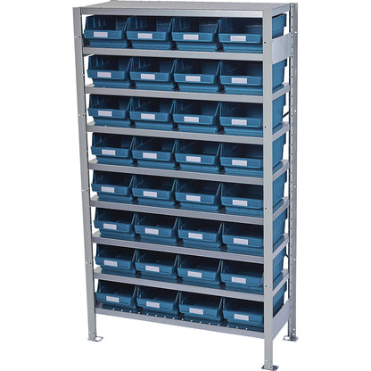 Boltless shelving unit with shelf bins, shelf unit height 1790 mm, basic shelf unit, depth 400 mm, 32 green bins.