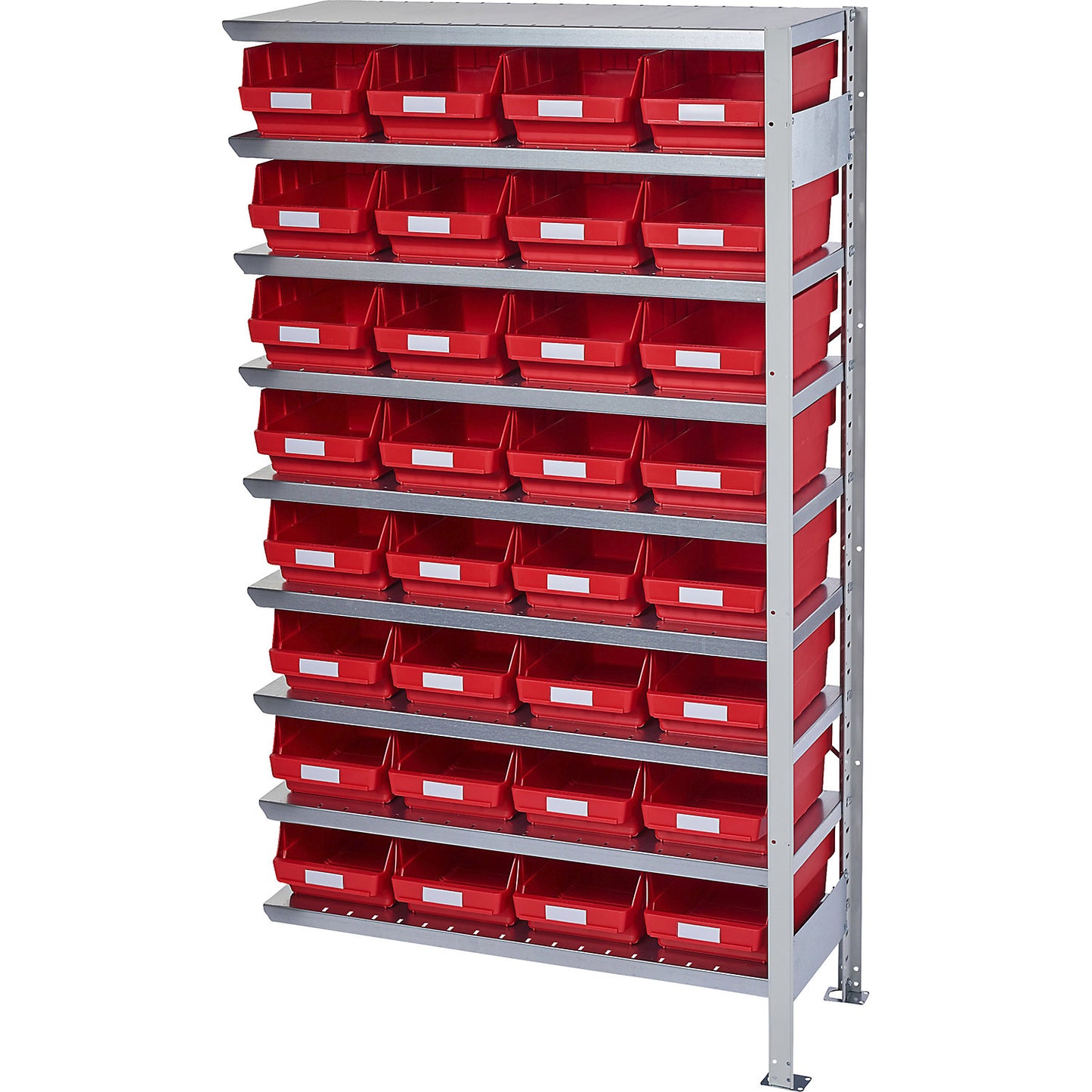 Boltless shelving unit with shelf bins, shelf unit height 1790 mm, extension shelf unit, depth 400 mm, 32 red bins.