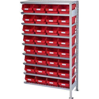 Boltless shelving unit with shelf bins, shelf unit height 1790 mm, extension shelf unit, depth 400 mm, 32 red bins.