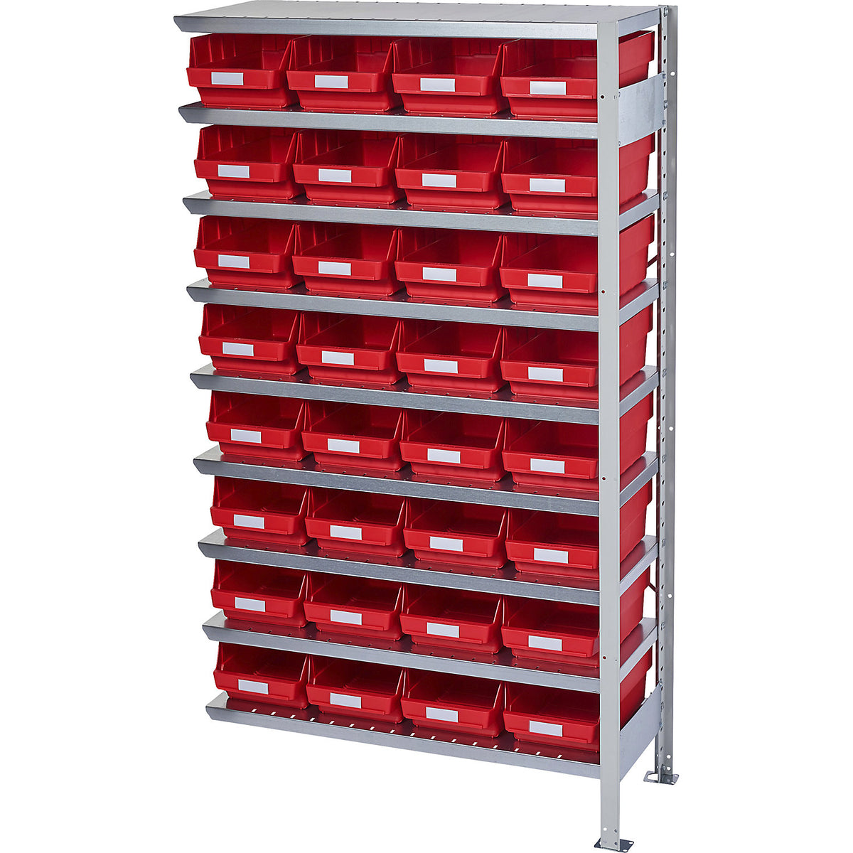 Boltless shelving unit with shelf bins, shelf unit height 1790 mm, extension shelf unit, depth 400 mm, 32 red bins.