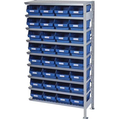 Boltless shelving unit with shelf bins, shelf unit height 1790 mm, extension shelf unit, depth 400 mm, 32 blue bins.