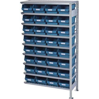 Boltless shelving unit with shelf bins, shelf unit height 1790 mm, extension shelf unit, depth 400 mm, 32 green bins.