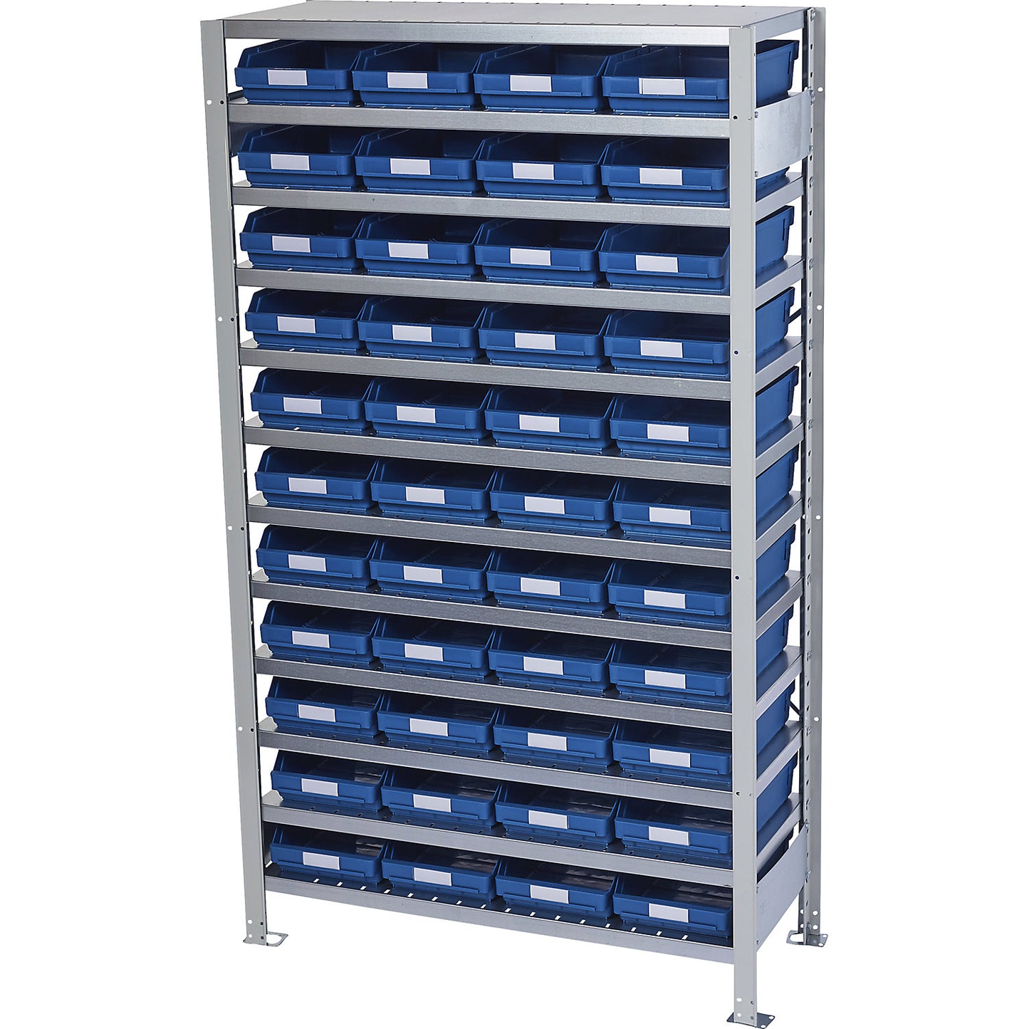 Boltless shelving unit with shelf bins, shelf unit height 1790 mm, basic shelf unit, depth 500 mm, 44 blue bins.
