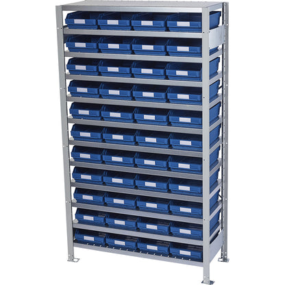 Boltless shelving unit with shelf bins, shelf unit height 1790 mm, basic shelf unit, depth 500 mm, 44 blue bins.