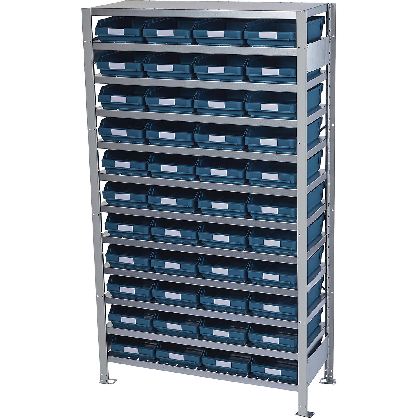 Boltless shelving unit with shelf bins, shelf unit height 1790 mm, basic shelf unit, depth 500 mm, 44 green bins.