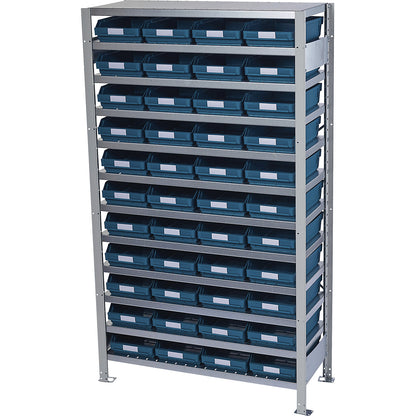 Boltless shelving unit with shelf bins, shelf unit height 1790 mm, basic shelf unit, depth 500 mm, 44 green bins.