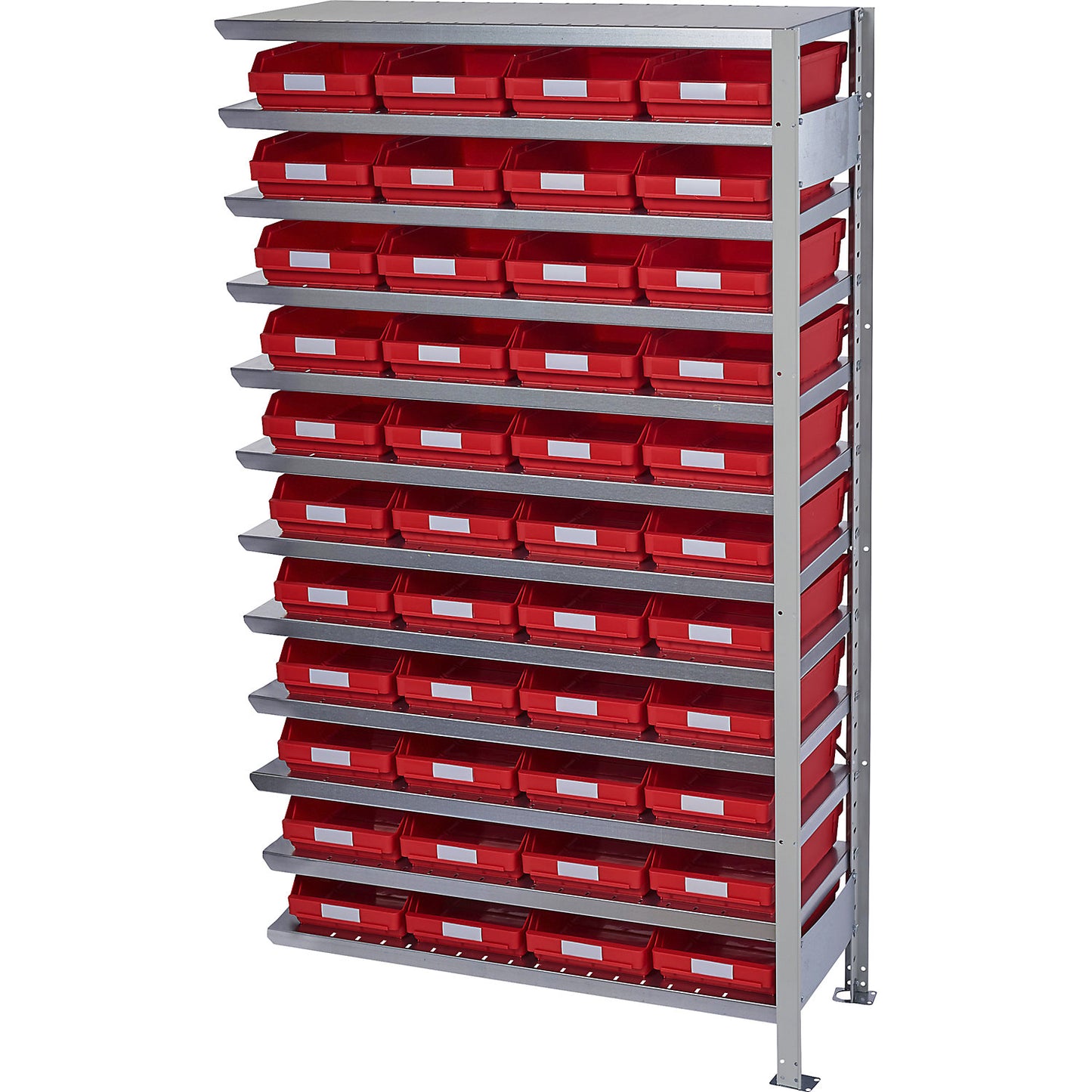 Boltless shelving unit with shelf bins, shelf unit height 1790 mm, extension shelf unit, depth 500 mm, 44 red bins.