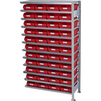 Boltless shelving unit with shelf bins, shelf unit height 1790 mm, extension shelf unit, depth 500 mm, 44 red bins.