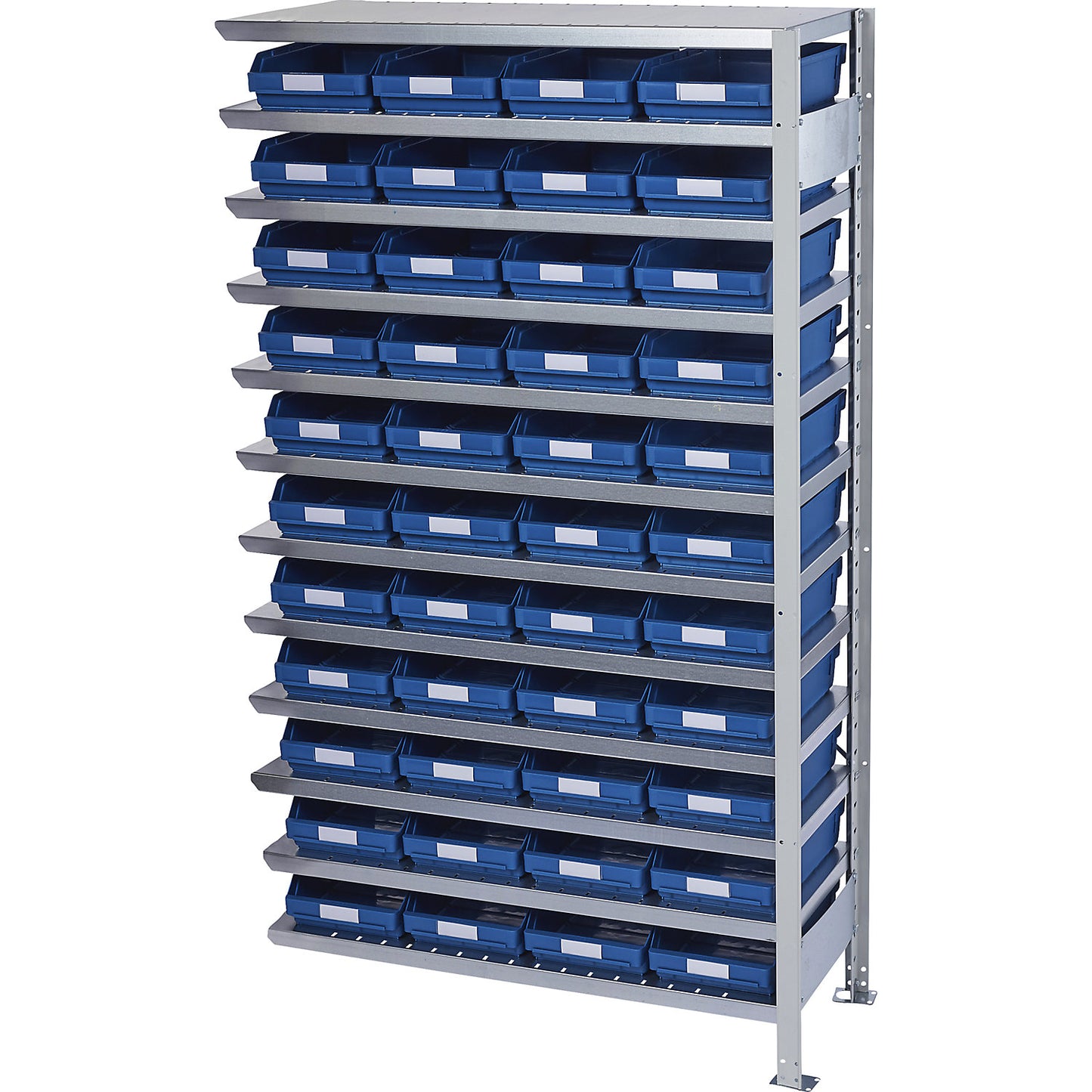 Boltless shelving unit with shelf bins, shelf unit height 1790 mm, extension shelf unit, depth 500 mm, 44 blue bins.