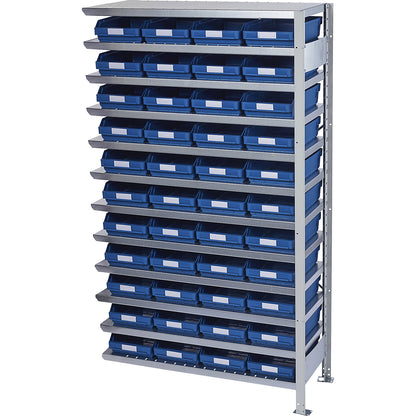 Boltless shelving unit with shelf bins, shelf unit height 1790 mm, extension shelf unit, depth 500 mm, 44 blue bins.
