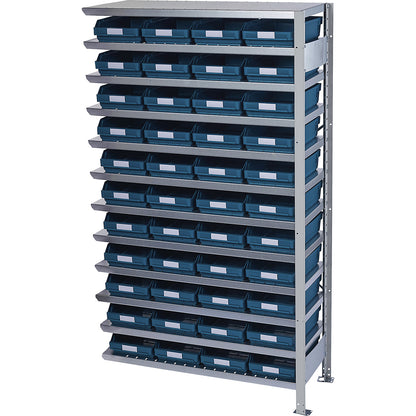 Boltless shelving unit with shelf bins, shelf unit height 1790 mm, extension shelf unit, depth 500 mm, 44 green bins.