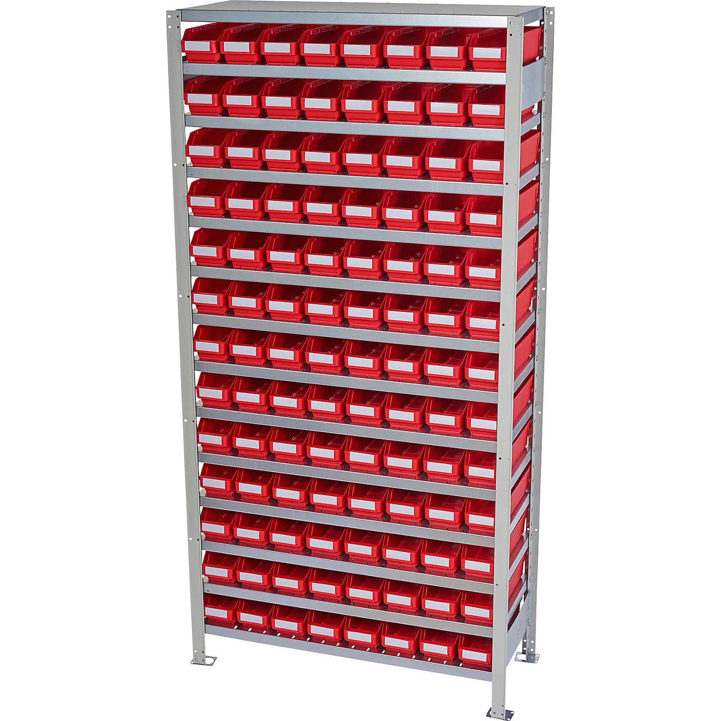 Boltless shelving unit with shelf bins, shelf height 2100 mm, basic shelf unit, depth 300 mm, 104 red bins.